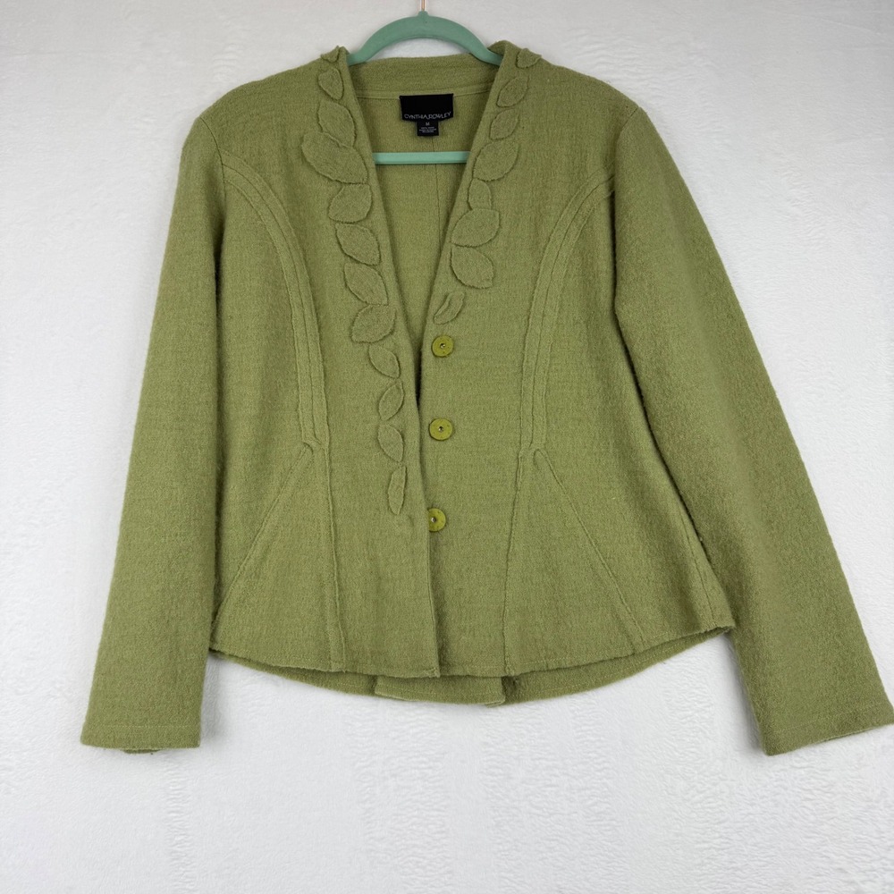 Cynthia Rowley Green 100% Wool Leaf‎ Applique Button Front Cardigan Sweater M